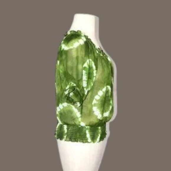 EUC Michael Michael Kors Sheer Tie-Dye Pullover Blouse Short Sleeve Green White - Picture 2 of 4